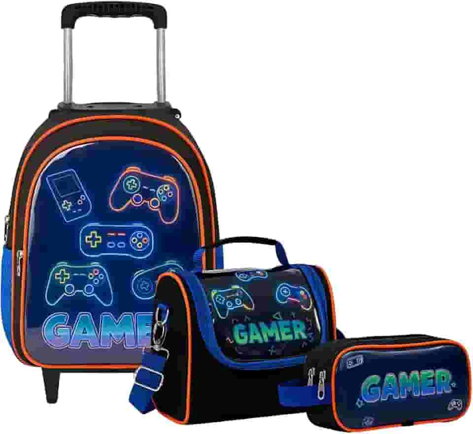 Kit Mochila de Rodinha Escolar Gamer Infantil Masculino + Lancheira Transversal + Estojo Duplo Menino
