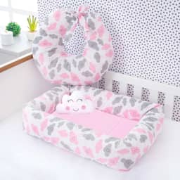 Ninho Redutor de Berço Quadrado com Almofada Nuvem, 70 x 45 cm, Algodão + Almofada para Amamentação, 58 x 55 cm (Nuvem Rosa)