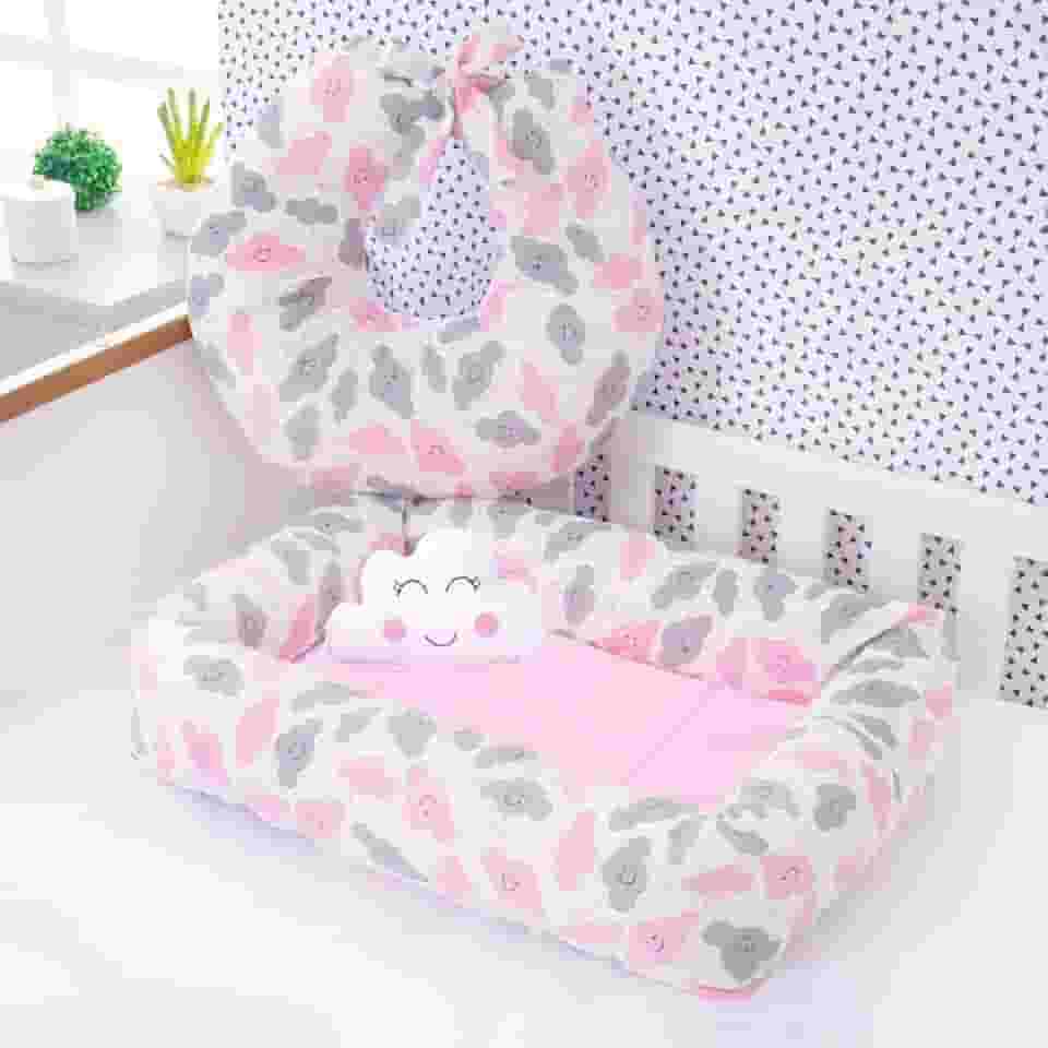 Ninho Redutor de Berço Quadrado com Almofada Nuvem, 70 x 45 cm, Algodão + Almofada para Amamentação, 58 x 55 cm (Nuvem Rosa)