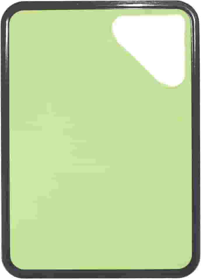 Tábua de Corte Antiderrapante Verde com Cinza, antibacteriana e livre de BPA (atóxica) com abertura para transferência de alimentos.