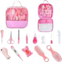 Kit Higiene Bebê Premium 13 em 1 - Estojo Completo com Tesoura, Pente, Termômetro, Cortador - Bolsa Organizada e Livre de BPA (Rosa) (Rosa)