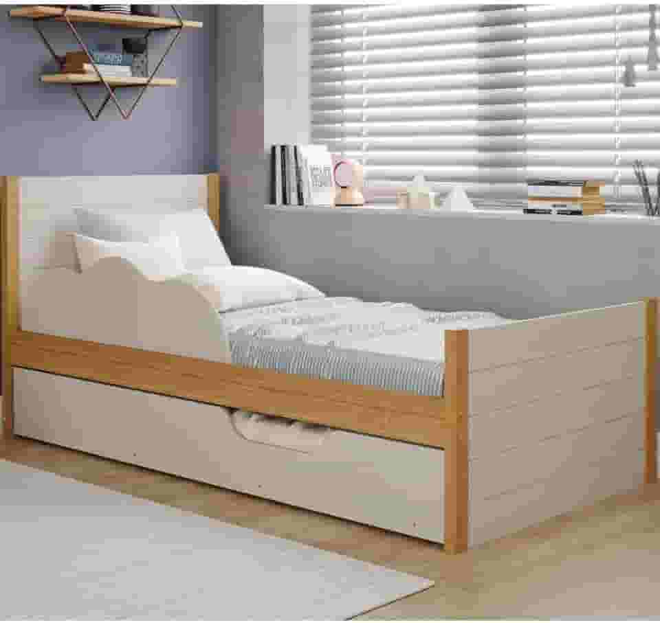 Bicama Infantil Solteiro 100% Mdf Bibox Cama Auxiliar Com Rodizio Uli Nature/off White