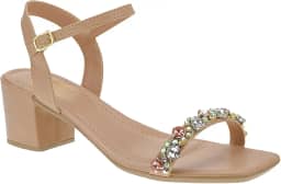 Sandália Feminina de Pedraria Linda Salto Bloco Fivela com Ajuste Strass Bico Quadrado 030-100