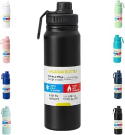 Garrafa De Água Térmica Inox 800ml Parede Dupla com Isolamento a Vácuo Quente e Frio, Antivazamento, Alça e Infusor Ideal para Academia, Caminhada, Escritório, Esportes (Preto)