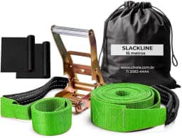 Slackline Verde 15 M Catraca + Alças + Protetores + Bolsa