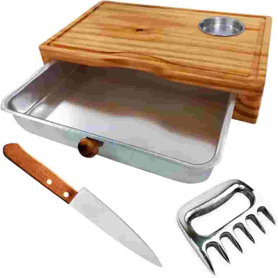 Kit Churrasco Premium com Tábua de Madeira Clara, Bandeja Removível, 1 Pote para Molhos, Faca e Garra de Urso