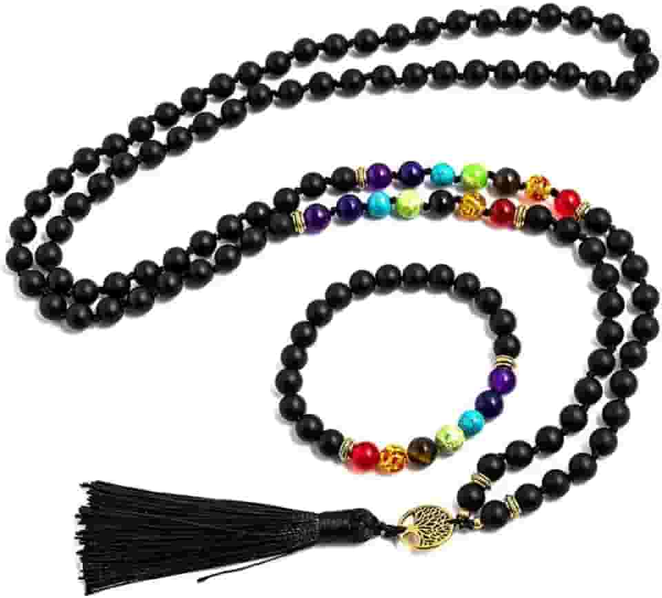 Japamala ¨7 Chakras¨ com Turmalina Negra em Pedras Naturais – 108 Contas – Acompanha Pulseira de Proteção – Equilíbrio Energético e Meditação