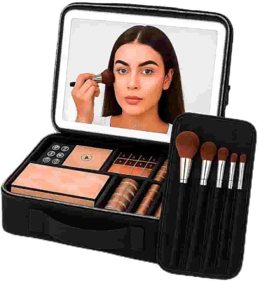 Maleta de Maquiagem com Espelho e Luz LED USB Ajustável, Necessaire Organizadora Profissional, Bolsa Makeup Portátil Grande para Viagem