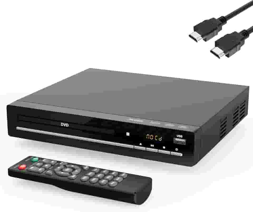Leitor de DVD HD para TV com HDMI, sem região, leitor de CD para casa, reproduz todas as regiões e formatos, mini leitor de DVD com cabos USB, controle remoto, HDMI e RCA incluídos (DVD-003)