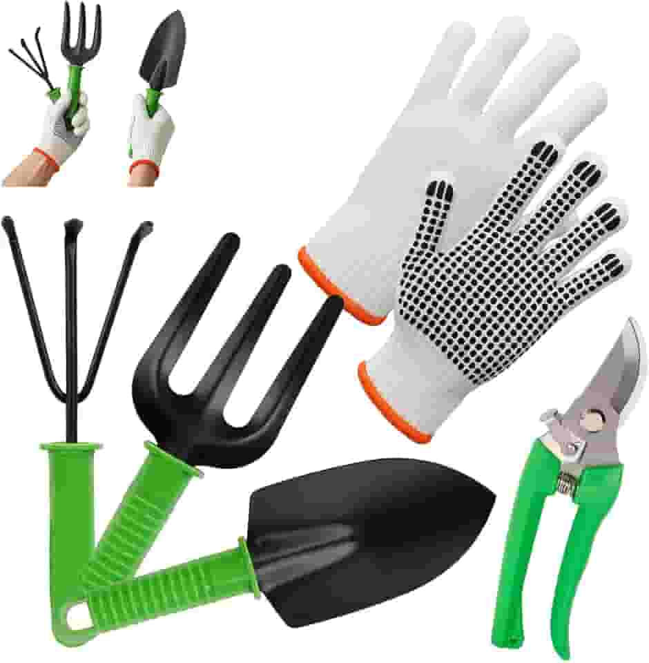 Kit para Jardinagem 5 Peças - Pá, Garfo, Ancinho + Tesoura de Poda + Luva