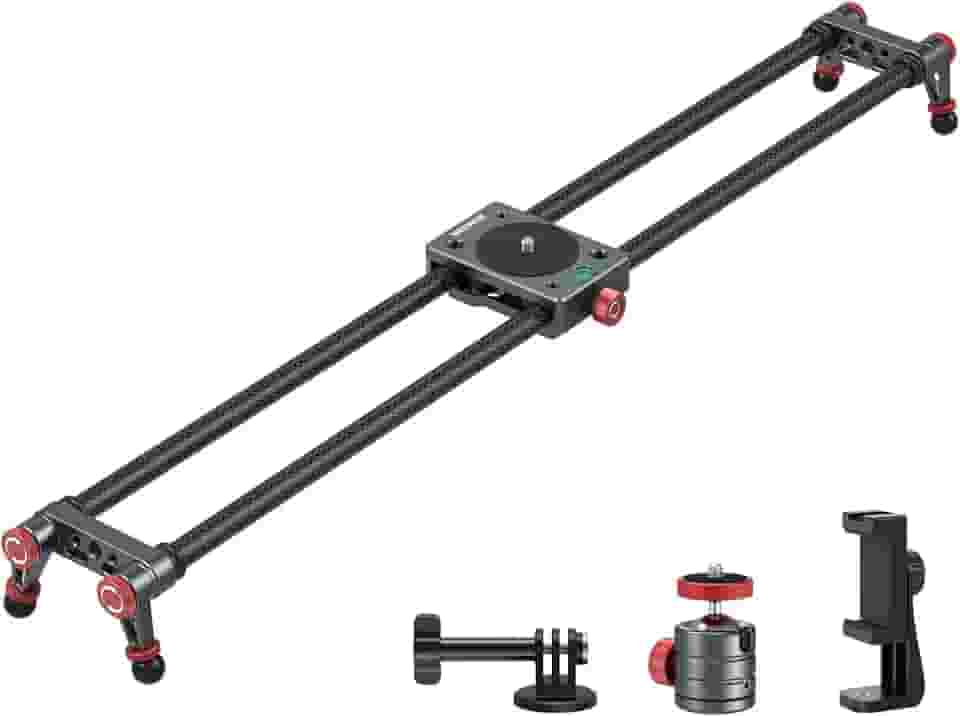 NEEWER Trilho deslizante de câmera deslizante de fibra de carbono de 60 cm com cabeça esférica de 360°/braçadeira de celular/suporte de câmera de ação, 4 rolamentos e pernas ajustáveis, compatível com