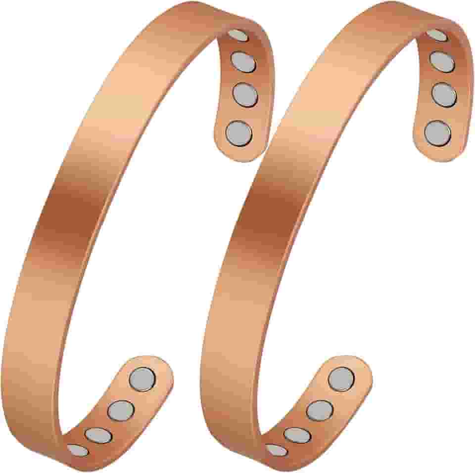2 pulseiras magnéticas de cobre para mulheres e homens, 99,9% pulseiras magnéticas de cobre sólido, pulseira de punho, tamanho ajustável, 6.8 Inch x 0.35 Inch x 0.08 Inch, Cobre, Sem Pedra