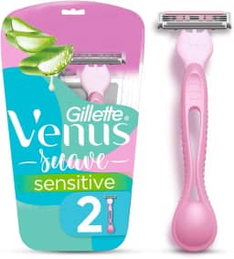 GILLETTE Venus Suave Sensitive, Aparelho de Depilação Feminino, 2 Aparelhos Descartáveis com Skin Elixir, Depilação Corporal para Pele Sensível