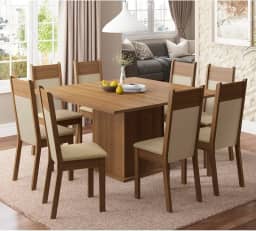 Conjunto Sala de Jantar Madesa Panamá Mesa Tampo de Madeira com 8 Cadeiras - Rustic/Crema/Pérola