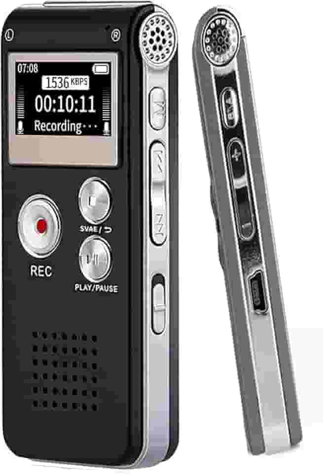 Gravador de Voz Digital 16GB com Redução de Ruído e Ativação por Voz - Dictafone Recarregável via USB para Palestras, MP3 Player, 30h Gravação, Proteção por Senha
