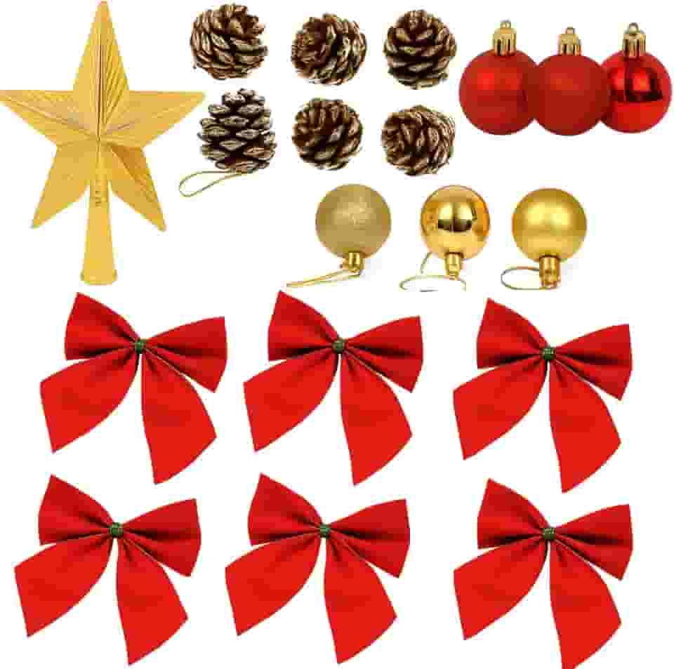Kit Com 52 Enfeites Para Árvore De Natal Decoração Natalina Laços Vermelhos Bolas Douradas E Vermelhas Pinhas E Ponteira Estrela Dourada