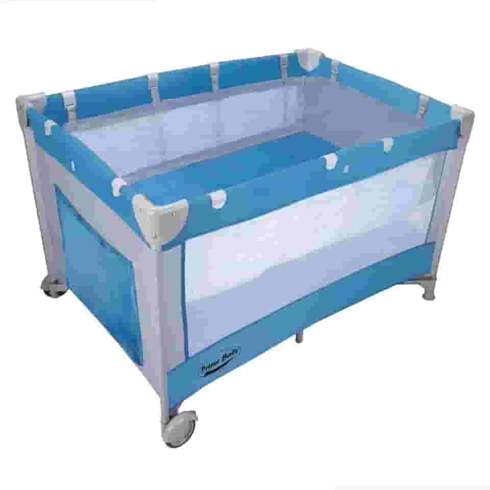 Berço Portátil Desmontável Prime Baby Amici com Ajuste de 2 Alturas, Colchonete Dobrável, Bolsa de Transporte e Rodas com Trava de Segurança Até 17kg (Azul)