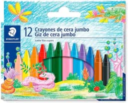 STAEDTLER Giz de Cera Jumbo - 12 Cores - Traço Suave, Cores Vivas, Resistente e Não Mancha – Ideal para Crianças, com Luva de Papel e Espaço para Nome
