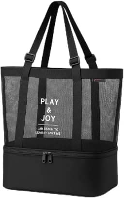 Bolsa de Praia de Rede Ventilada com Compartimento Térmico Isolado, Zíper Seguro e Alças Ajustáveis Reforçadas