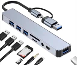Hub Adaptador USB-C 8 em 1, 4 Portas USB 3.0, Leitor de Cartão SD/TF, Entrada de Áudio 3.5mm, Compatível com MacBook, Windows, Linux