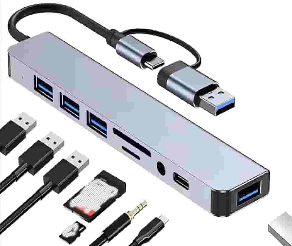 Hub Adaptador USB-C 8 em 1, 4 Portas USB 3.0, Leitor de Cartão SD/TF, Entrada de Áudio 3.5mm, Compatível com MacBook, Windows, Linux