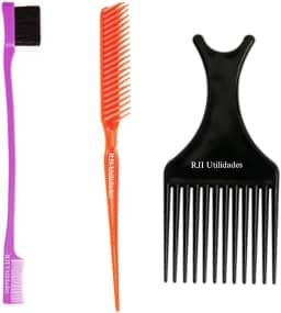 Kit Pente Cabelo Garfo Afro Black + Pente 3 Fileiras Fitagem + Baby Hair Sombrancelha Pentinho 2 em 1 - RJI Utilidades