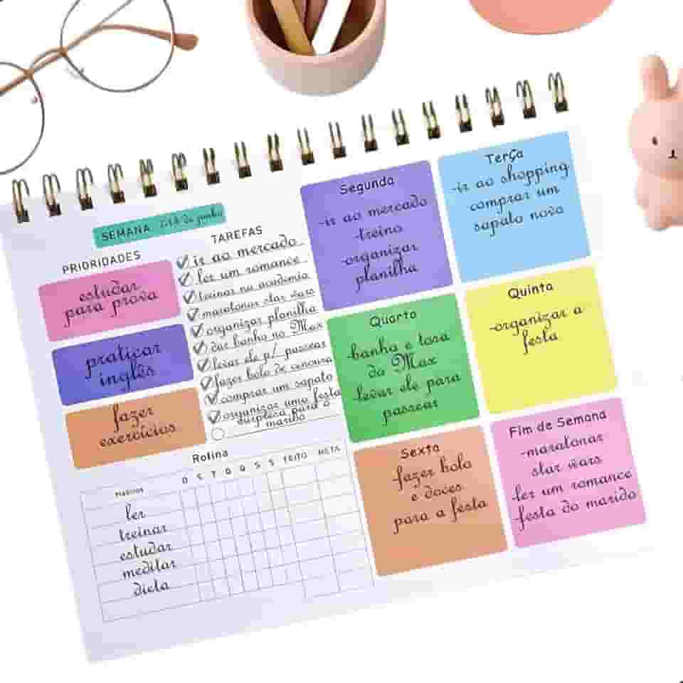 Planner Semanal com 50 Folhas, Planejador Semanal Capa de Acetato e Espiral Aramado, Organizador Colorido de Mesa para Anotações, Tarefas, Prioridades e Rotina