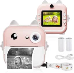 Câmera Digital Infantil Portátil 20MP, Tela de 2 Polegadas, 200 dpi, Resolução 1080P, Impressão Instantânea, Conexão com Celular, com Papel de Impressão (CAM-12607-rosa)