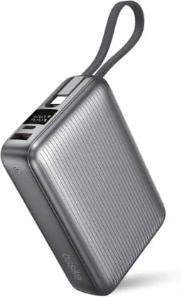 Basike Power Bank, Carregador Portátil 20000mAh 45W, 3-Saídas com Cabo USB-C Integrado, Bateria Externa de Carregamento Rápido PPS/PD/QC para iPhone Séries 16/15/14/13, Samsung S25/24/23/22/21 (Cinza)