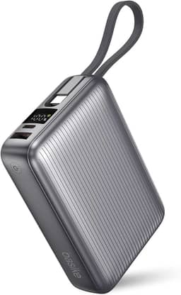 Basike Power Bank, Carregador Portátil 20000mAh 45W, 3-Saídas com Cabo USB-C Integrado, Bateria Externa de Carregamento Rápido PPS/PD/QC para iPhone Séries 16/15/14/13, Samsung S25/24/23/22/21 (Cinza)