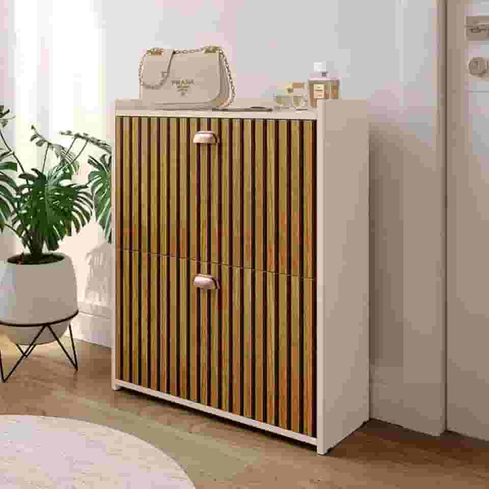 Sapateira 2 Gavetas Basculantes Organizadora Multiuso Armário Closet 12 Pares Quarto Hall De Entrada (Off White/Ripado)