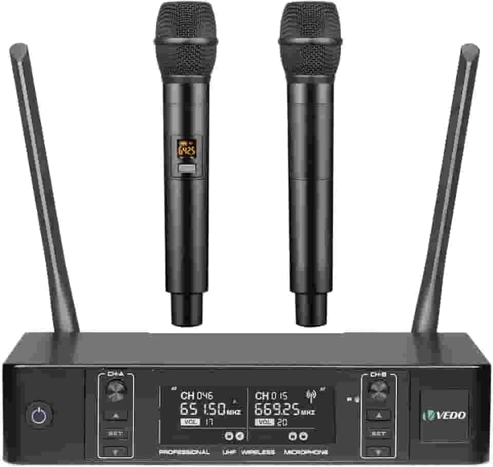 VEDO Sistema de microfone sem fio, microfones sem fio duplos com 2 microfones de mão, busca automática de frequências, 2x100 frequências UHF, alcance de 60 m, microfone dinâmico para canto