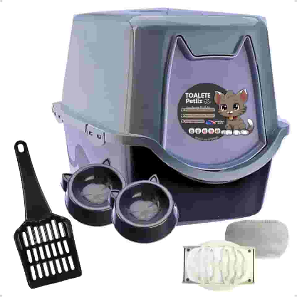 Caixa de areia para Gatos Toalete Preto/Cinza Petliz Banheiro Bandeja Sanitário Higiênico Facil Limpeza com Comedouros e Pá