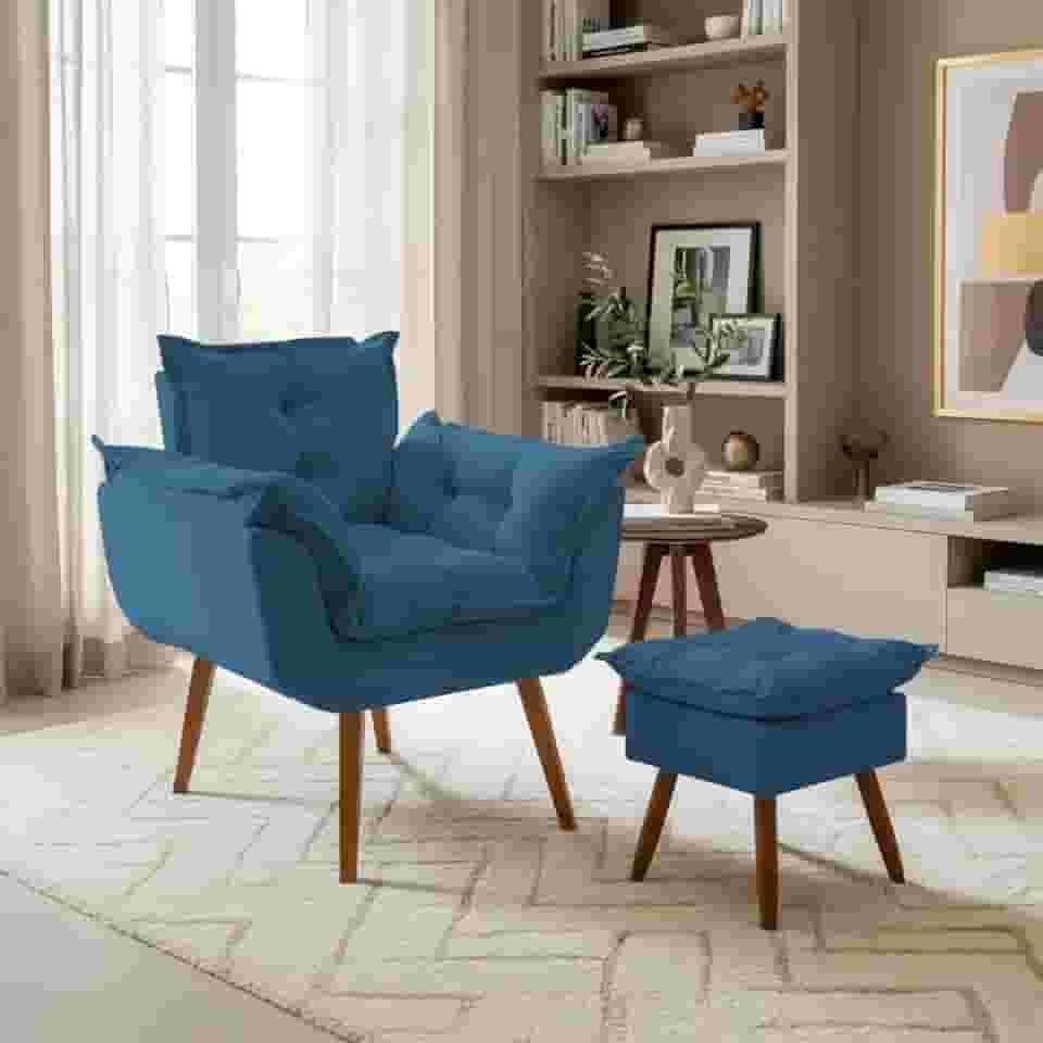 Kit Poltrona Decorativa Confortável Para Sala Recepção Manicure com Puff Para Quarto Penteadeira Closet Quadrado Tecido Suede (Azul Marinho)