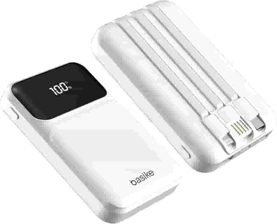 Basike Power Bank, Carregador Portátil Universal 10000mAh, USB-A(até 22.5W)+USB-C(até 20W) com 3 Cabos Integrados (USB-C, USB, Lightning) Carregamento Rápido, Led Indicador de Bateria (Branco)