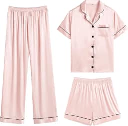 Conjunto de pijama feminino de cetim de seda de manga curta clássico com botões e shorts