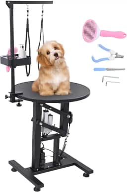 Mesa elétrica de cuidados para cães de 61 cm, mesa de cuidados com rotação de 360° para cães pequenos com mesa antiderrapante, controle remoto, conjunto de tosa, organizador de ferramentas, preto