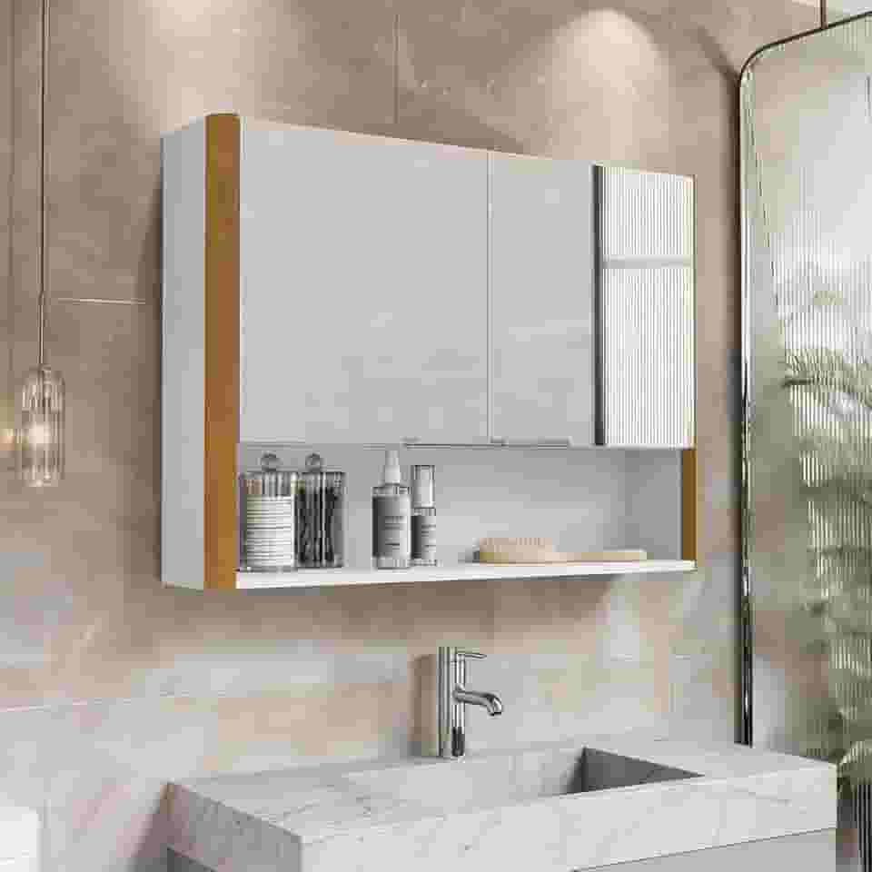 Armário de Banheiro Aéreo 2 Portas Com Espelho Espelheira Com Nicho Santorini (Branco/Nature)