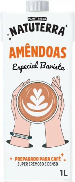 Bebida Vegetal Barista de Amêndoas Natuterra 1L Leite Vegetal de Amêndoas | Bebida de amêndoas sem adição de açúcar, sem lactose, sem colesterol, sem glúten e livre de soja, baixo em calorias | 100% plant based