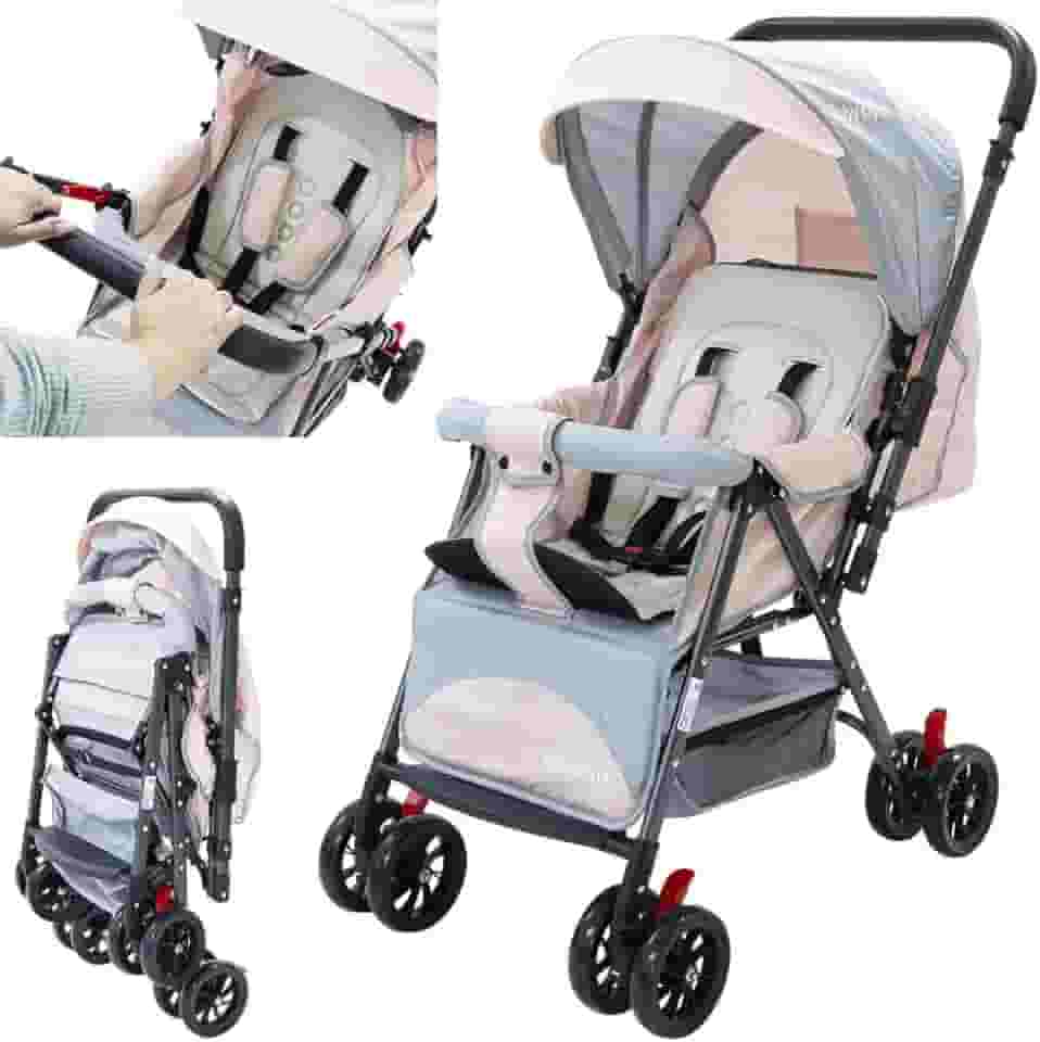 Carrinho de Bebê Reversível Passeio Runner até 15kg com Capota Retratil Reclinável Bandeja Cesto 4 Rodas Travas Cinto 5 Pontos e INMETRO (Rosa)