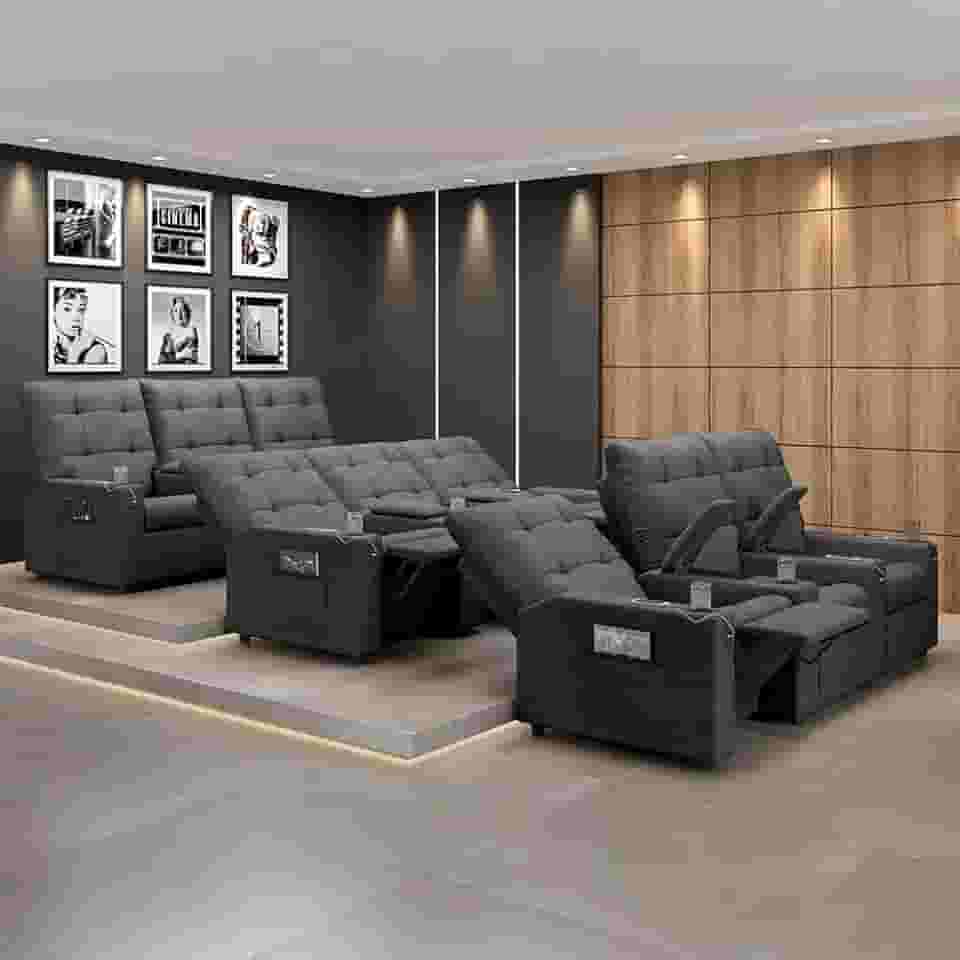 Poltrona do Papai Reclinável Sala de Cinema Movie 3 Lugares Manual Baú USB Linho Chumbo