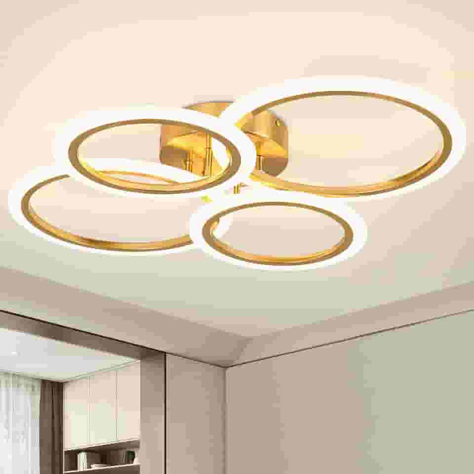 Luminária de Teto Minimalista 4 Anéis Dourada, Ajustável 3 Temperaturas de Cor, LED Dimerizável, Lustre Moderno para Cozinha, Quarto, Sala de Estar, Corredor (4 Anéis)