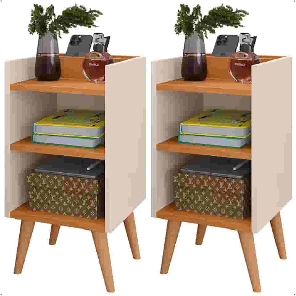 Mesas de Cabeceira Charme Compacta com Pés Retrô Nicho e Prateleira Conjunto com 2 Unidades (Off White/Cinamomo)