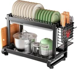 Escorredor De Louças 2 Andares Multifuncional De Bancada Com Suporte Para Talheres e Copos, Organizador de Cozinha em Aço Inox, Antiferrugem, Escoredor De Pratos