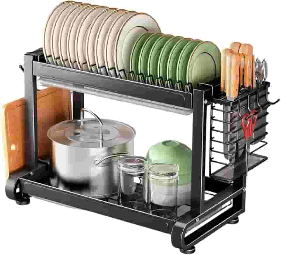 Escorredor De Louças 2 Andares Multifuncional De Bancada Com Suporte Para Talheres e Copos, Organizador de Cozinha em Aço Inox, Antiferrugem, Escoredor De Pratos