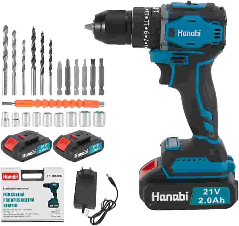 Hanabi Furadeira Parafusadeira de Impacto 21V Sem Fio Motor Brushless com LED Maleta,1450 RPM 44N.m 2 Baterias 2.0Ah Kit Parafusadeira Eletrica Com 2 Baterias de 2,0Ah 10mm
