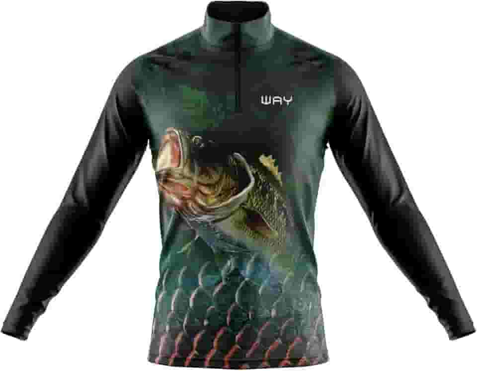 Camisa de Pesca Masculina Black Bass Manga Longa Gola Alta Zíper Estampa Peixe Proteção Solar Antimosquito