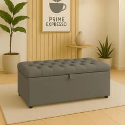 Puff Baú Pé De Cama 90 Cm Sued Capitone Armazenamento Quarto Decorativo Confortável(Cinza,Tampa Capitonê 4 cm De Altura)