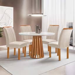 Conjunto Mesa Tampo Redondo Plus Vidro Kansas 100cm 4 Cadeiras Arizona Cinamomo/off White/suede Bege
