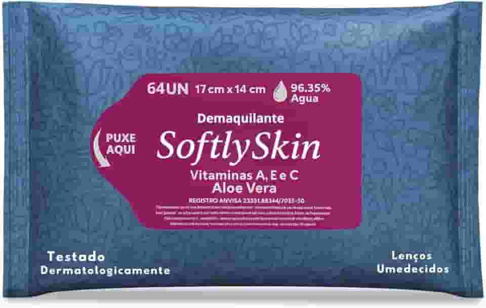 64Un Lenço Umedecido Demaquilante Softly Skin - Com Vitaminas - Suave, Eficaz e Ideal para Remoção de Maquiagem e Cuidados com a Pele